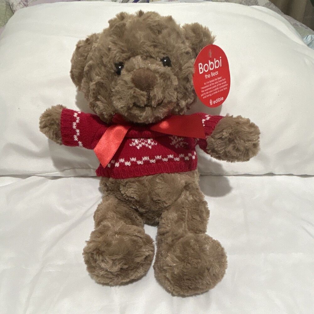 edible Bobbi the Bear Brown Plush Teddy, Small Red Sweater Ribbon